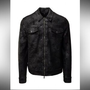 ($598) John Varvatos Foil Printed Slim Fit Trucker Jacket (Size XL; Color Black)